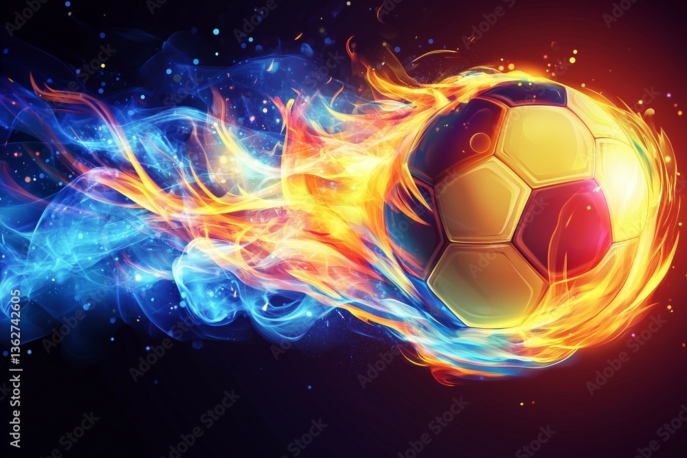 Naklejka premium Fiery soccer ball with vibrant flames soaring against a dark background, perfect for sports event banners.