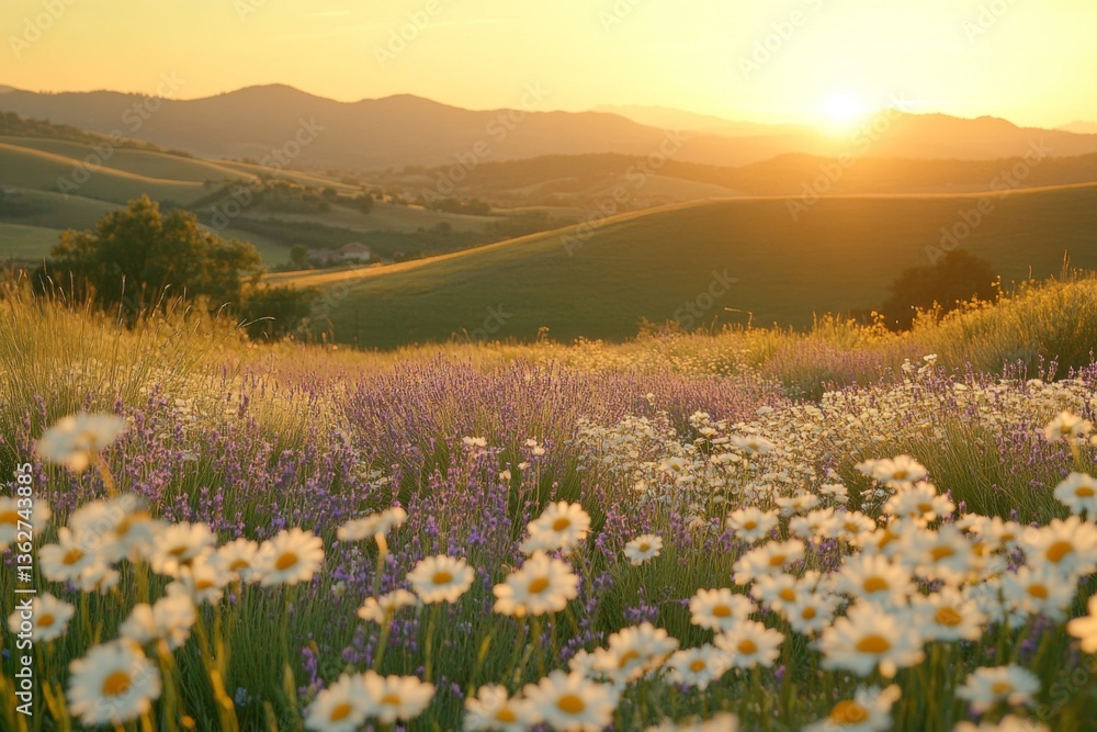 Obraz premium Sunny countryside meadow with white wildflowers and green hills