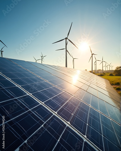 Sustainable energy concept with wind turbines and solar panels under a sunny sky, Generative AI