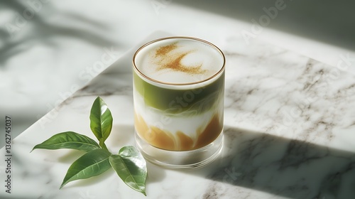 Layered iced matcha latte in a modern glass cup