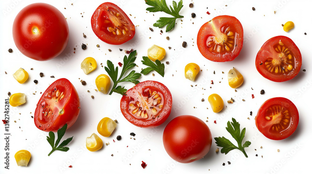 Fresh cherry tomato and corn salad ingredients with herbs and spices on white background Fresh cherry tomato and corn salad ingredients with herbs and spices on white background