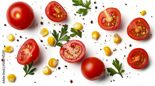 Fresh cherry tomato and corn salad ingredients with herbs and spices on white background
