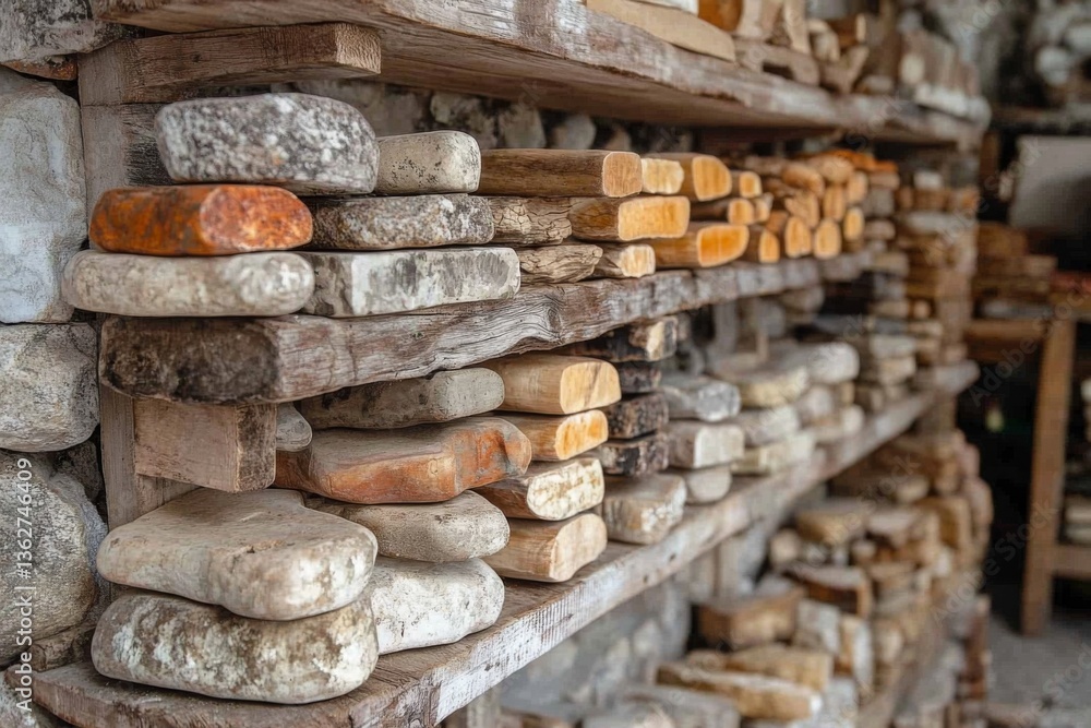 Stacked firewood and stone in rustic storage with natural textures Stacked firewood and stone in rustic storage with natural textures