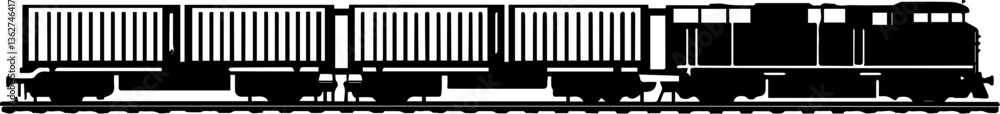 Rail freight and train transport logistics in SVG and vector formats.Black silhouette of freight train with containers on the track Rail freight and train transport logistics in SVG and vector formats.Black silhouette of freight train with containers on the track