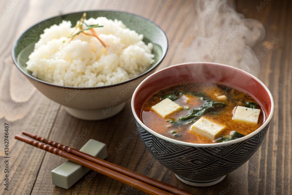 A bowl of rice and miso soup A bowl of rice and miso soup
