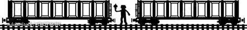 Rail freight and train transport logistics in SVG and vector formats.Railway Worker Handling Cargo Between Freight Train Cars