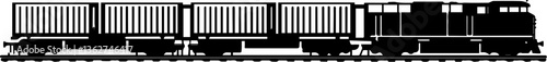 Rail freight and train transport logistics in SVG and vector formats.Black silhouette of freight train with containers on the track