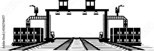 Rail freight and train transport logistics in SVG and vector formats.Industrial Warehouse with Cranes and Shipping Containers Graphic