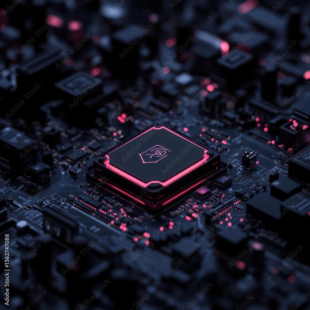 Glowing Pink CPU on Dark Circuit Board Glowing Pink CPU on Dark Circuit Board