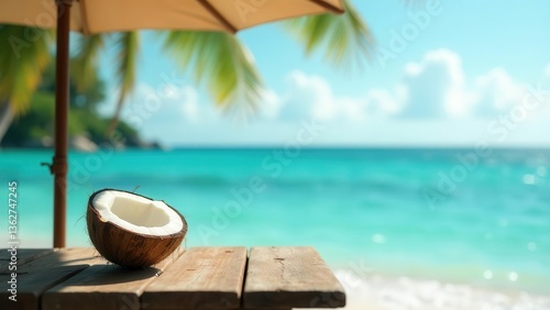Wallpaper Mural Relaxing Tropical Getaway A Half Coconut Rests on Wooden Table Under Beach Umbrella with Ocean View Torontodigital.ca