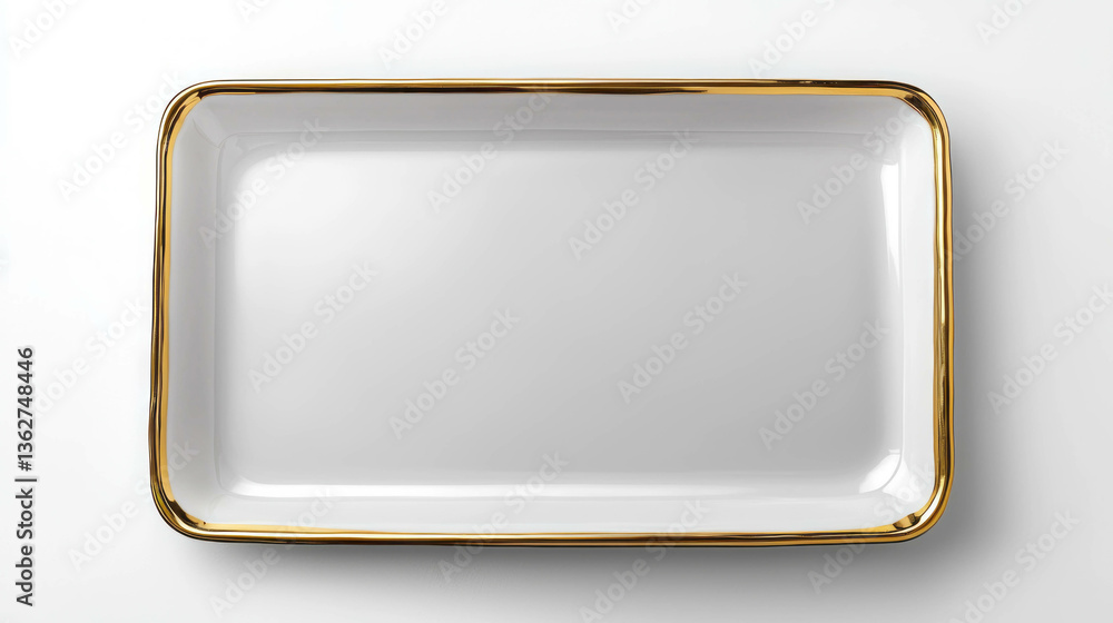 Elegant empty rectangular porcelain plate with gold rim for luxurious dining settings Elegant empty rectangular porcelain plate with gold rim for luxurious dining settings