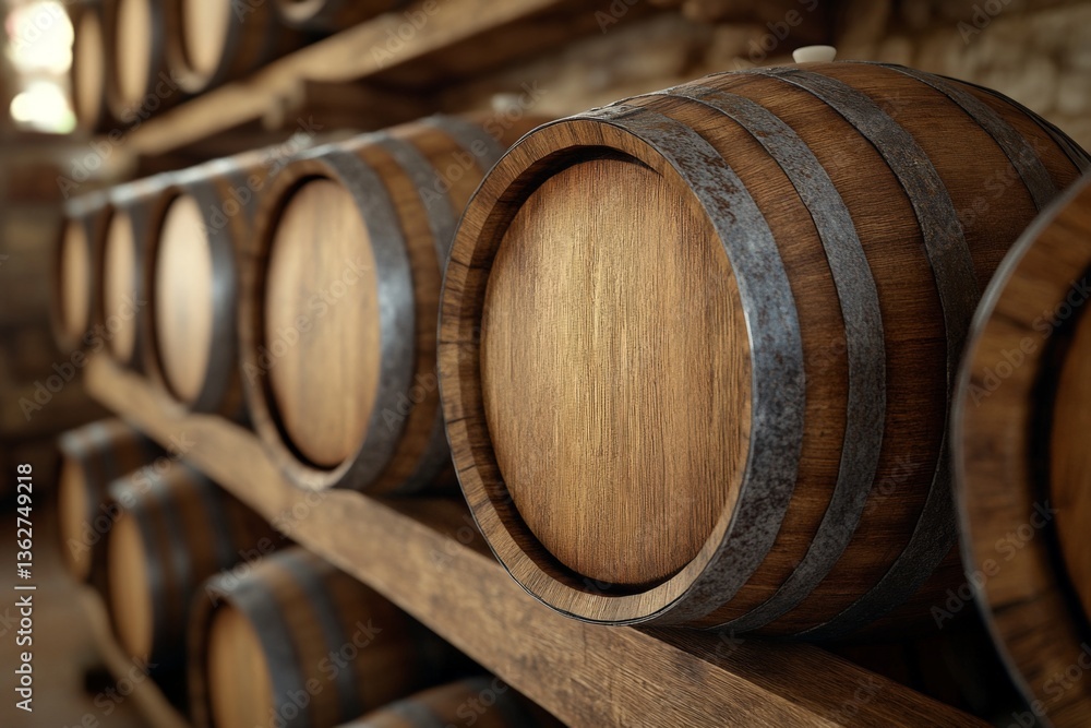 Wooden barrels stored in a rustic cellar showcasing craftsmanship in an old winery Wooden barrels stored in a rustic cellar showcasing craftsmanship in an old winery