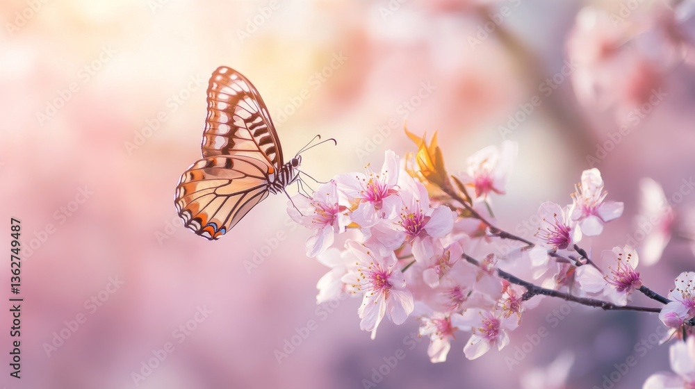 A soft-focus image of a butterfly feeding on a delicate cherry blossom branch in springtime. A soft-focus image of a butterfly feeding on a delicate cherry blossom branch in springtime.