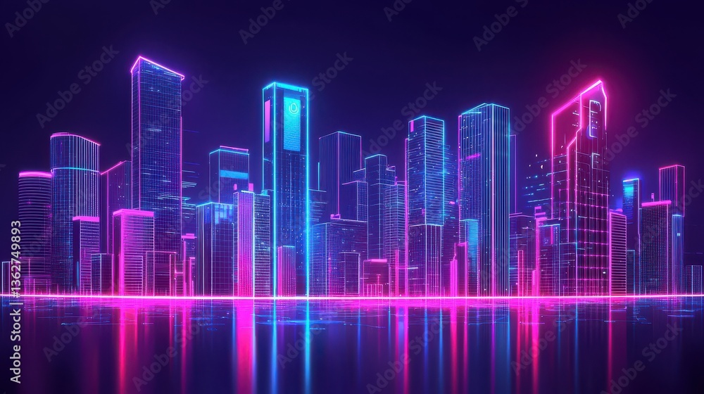 Futuristic Neon Cityscape with Glowing Skyscrapers at Night Futuristic Neon Cityscape with Glowing Skyscrapers at Night