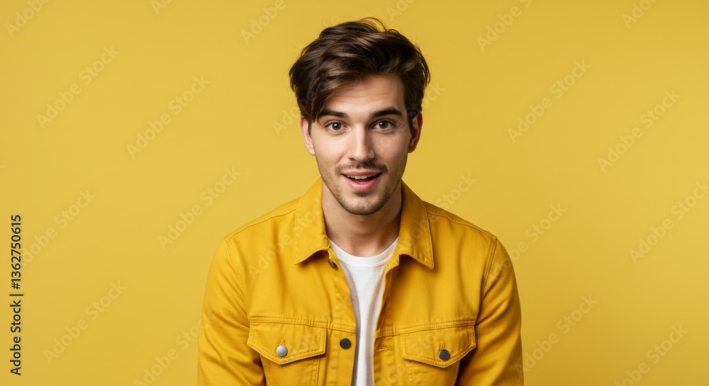 Fototapeta premium Stylish young man in yellow jacket against solid background