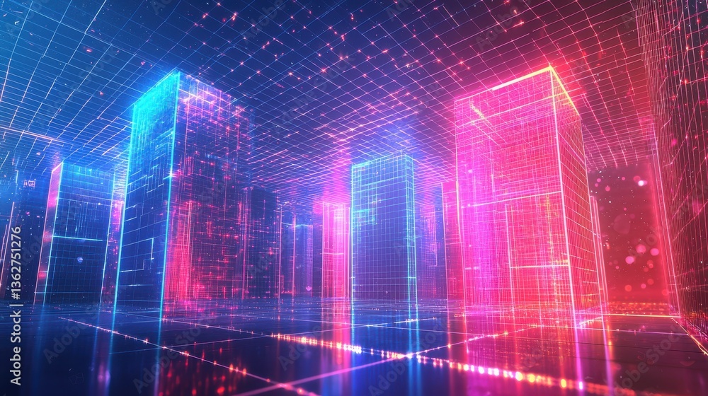 Futuristic Digital Skyline with Neon Lights and Grid Background Futuristic Digital Skyline with Neon Lights and Grid Background