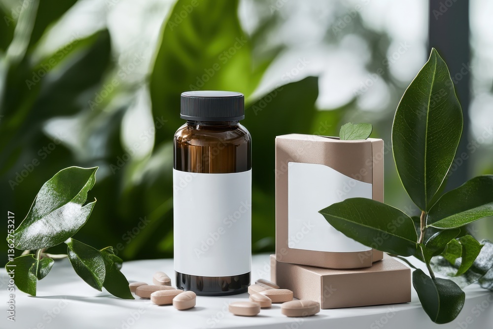 This image features a brown glass bottle and packaged tablets placed alongside fresh green leaves, emphasizing health, wellness, and nature-inspired medicinal products. This image features a brown glass bottle and packaged tablets placed alongside fresh green leaves, emphasizing health, wellness, and nature-inspired medicinal products.