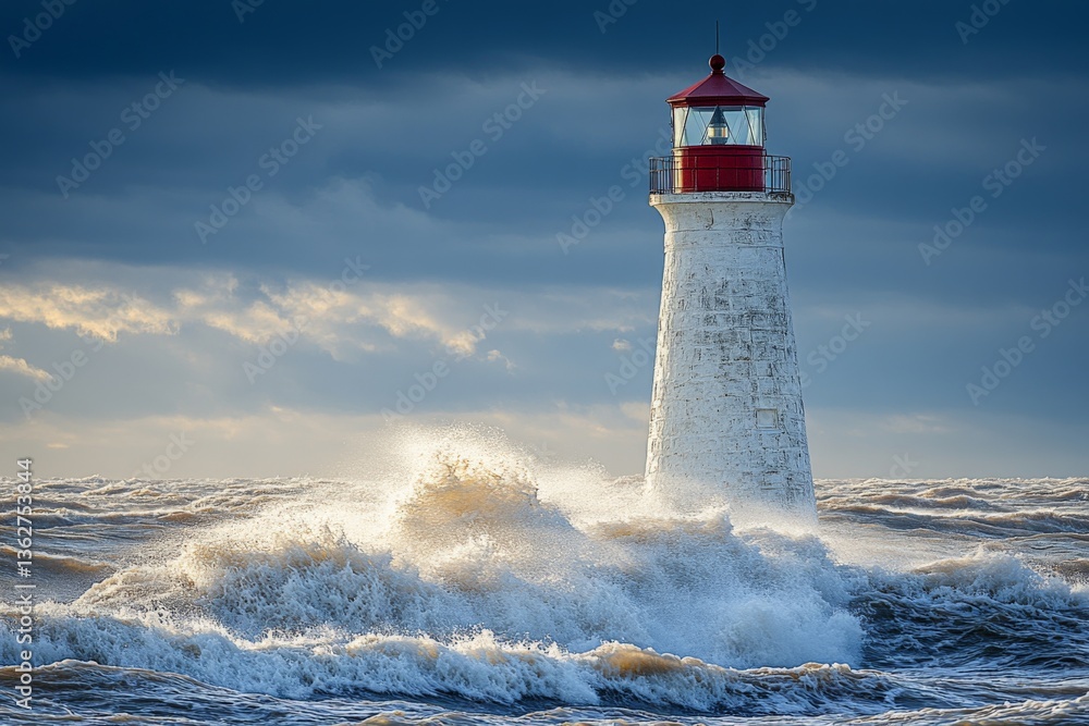 Dynamic waves crash against a lighthouse under a dramatic sky at the coastline during twilight hours Dynamic waves crash against a lighthouse under a dramatic sky at the coastline during twilight hours