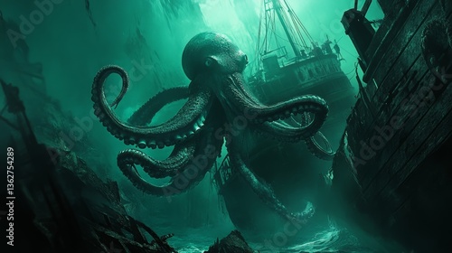 A giant squid wrapping its tentacles around an old shipwreck, illuminated by shafts of light. 