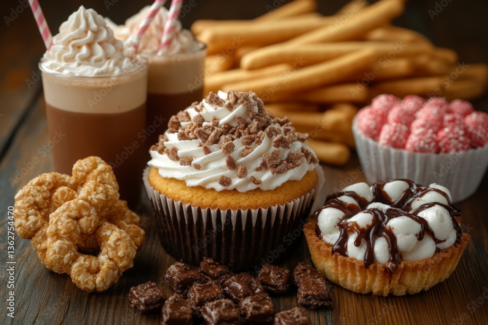 Delicious assortment of desserts and snacks displayed on a wooden table during a cozy gathering Delicious assortment of desserts and snacks displayed on a wooden table during a cozy gathering