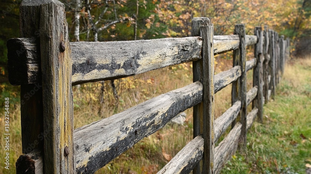 Rustic wooden fence along a serene pathway in an autumn landscape with colorful foliage Rustic wooden fence along a serene pathway in an autumn landscape with colorful foliage