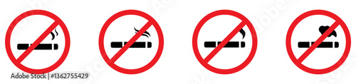 No smoking icon. Stop smoking symbol. Forbidden cigarette signs. Ban tobacco symbols. Prohibit nicotine icons. Black, red, flat color. Vector sign. Vector Illustration. EPS 10