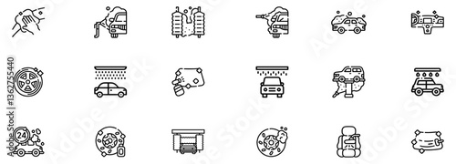 Car wash icons set. Auto car detailer icon.  Washing, drying, polishing car parts. Automatic and self-service washing. Vector illustration. EPS 10