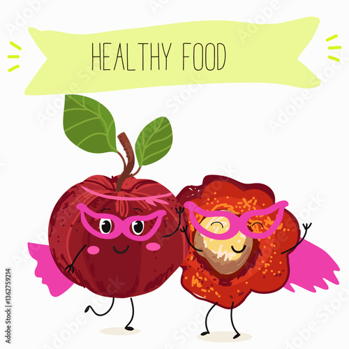 Barbados cherry Red acerola cherry fruits. Natural vitamin antioxidant detox food collection. Vector hand drawn illistration.