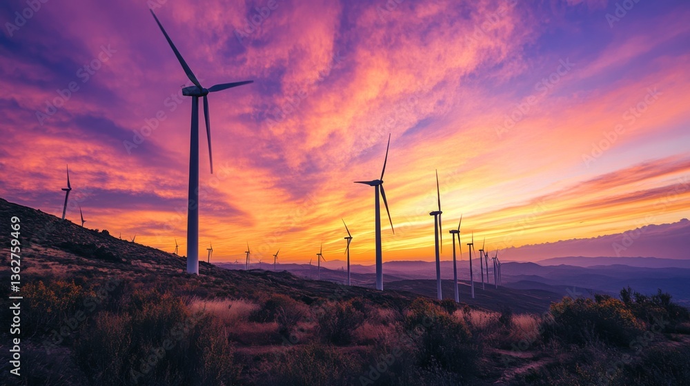 Obraz premium A wind farm at sunset, with the sky painted in shades of orange and purple.
