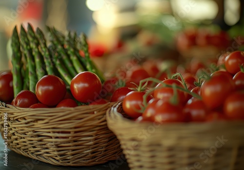 Fresh Organic Produce Display at Local Market Featuring Ripe Red Tomatoes and Green Asparagus in Woven Baskets