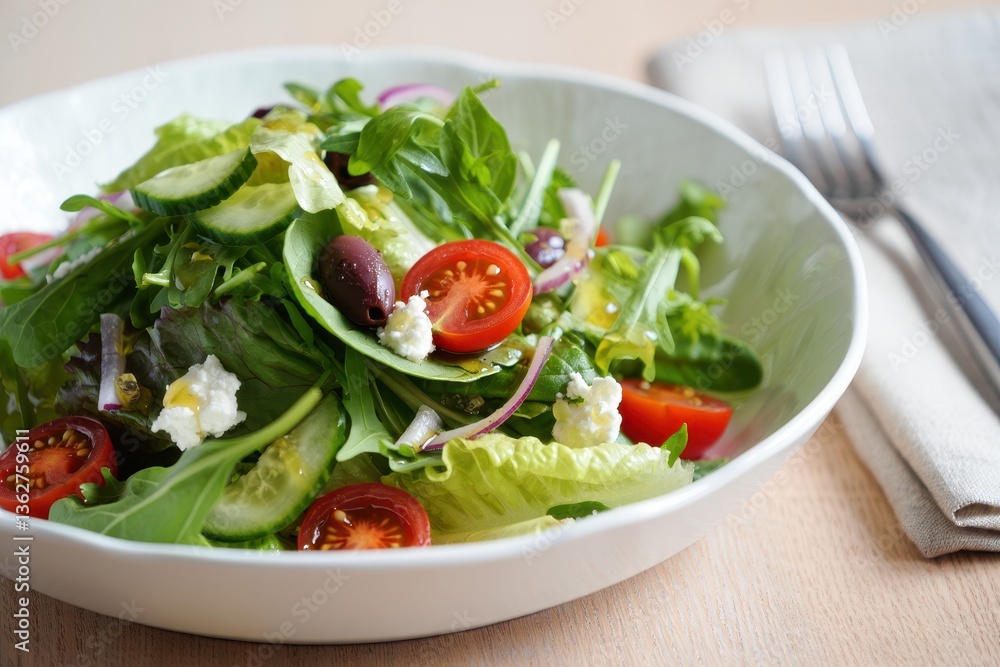 Fresh garden salad with cherry tomatoes, olives, and feta on a white plate Fresh garden salad with cherry tomatoes, olives, and feta on a white plate
