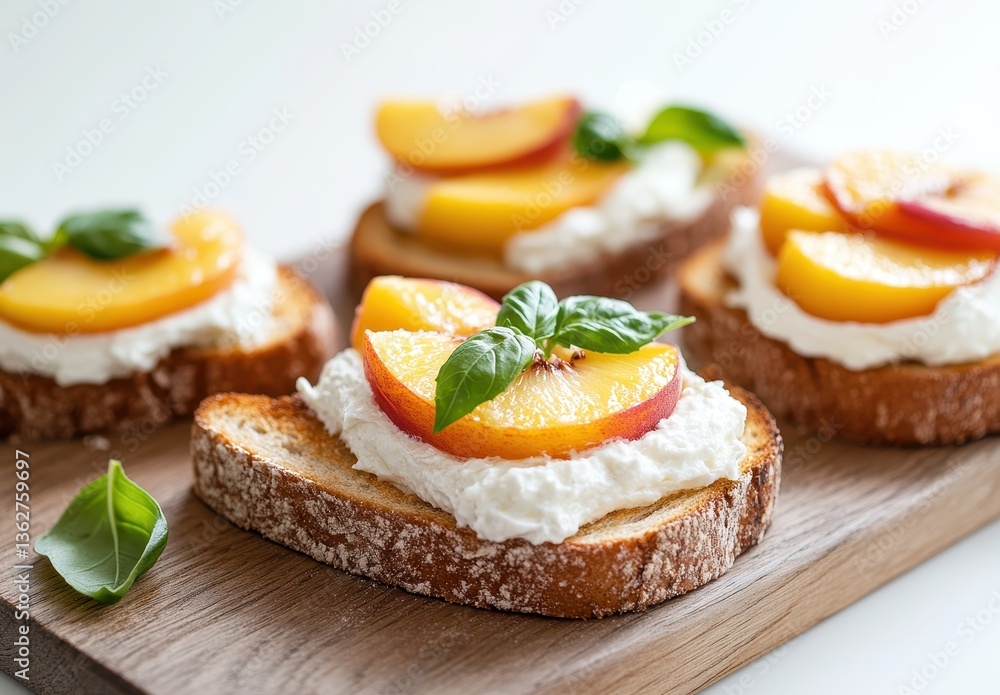 Fresh Peach and Ricotta Toast with Basil Garnish on Wooden Board for a Delicious and Healthy Breakfast or Snack Option Fresh Peach and Ricotta Toast with Basil Garnish on Wooden Board for a Delicious and Healthy Breakfast or Snack Option