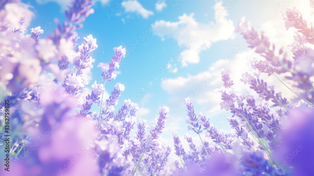 Naklejka premium Lavender Fields Under Bright Blue Sky with Fluffy Clouds in a Serene Natural Setting