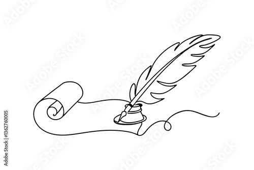 Elegant Quill Pen, Inkwell, and Parchment Scroll Drawing