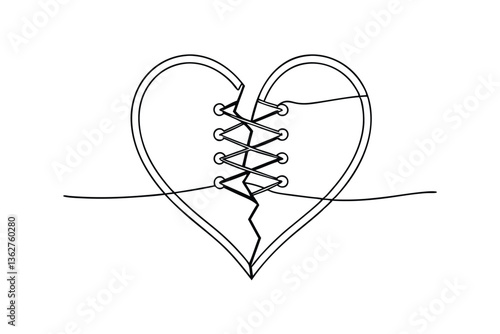 Broken Heart, Stitched Together, OneLine Drawing, Love, Pain, Relationship, Mending, Healing, Repair
