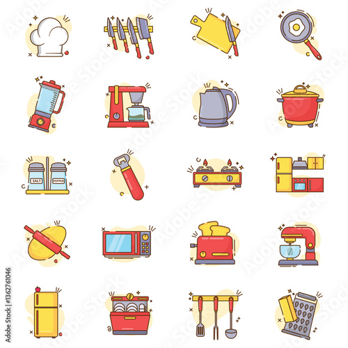 set of kitchen cartoon style icons, all related to cooking and kitchen items.
