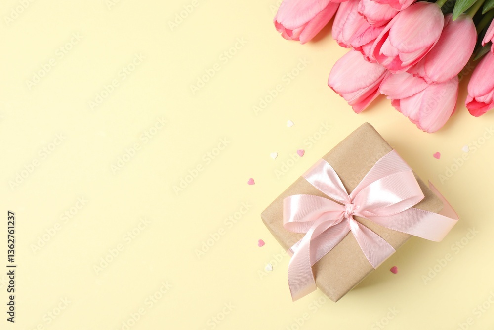 Happy Mother's Day. Beautiful bouquet of fresh tulips and gift box on a colored background Happy Mother's Day. Beautiful bouquet of fresh tulips and gift box on a colored background