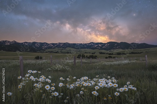 Daisies bloom in a serene meadow as evening clouds gather over distant mountains in the twilight hour