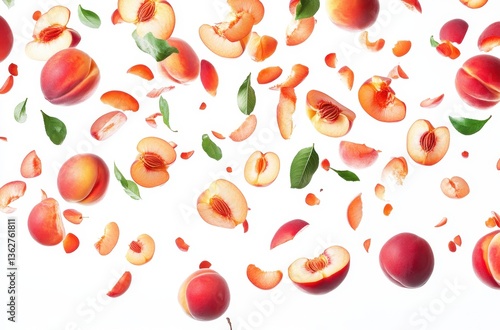 Wallpaper Mural Fresh Peaches Falling with Leaves and Petals on a White Background for Creative Culinary or Health-Related Visuals in Stock Photography Torontodigital.ca