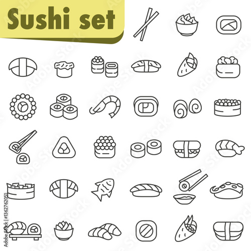 Sushi roll icon set. Sushi isolated icon set. Japanese cuisine illustrations on white background.