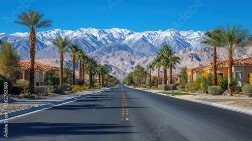 Palm Springs Oasis: A Desert Road with Snow-Capped Mountains