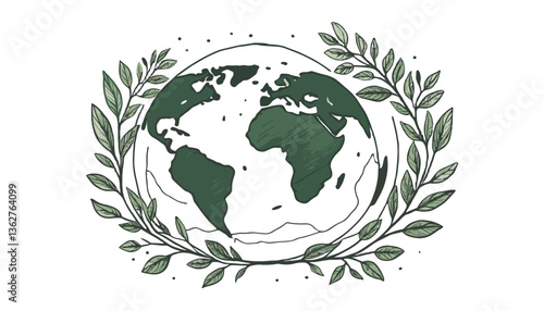 The image features a hand-drawn illustration of the Earth, prominently showing the continents in dark green, surrounded by a circular wreath of leaves. The design conveys themes of nature, sustainabil