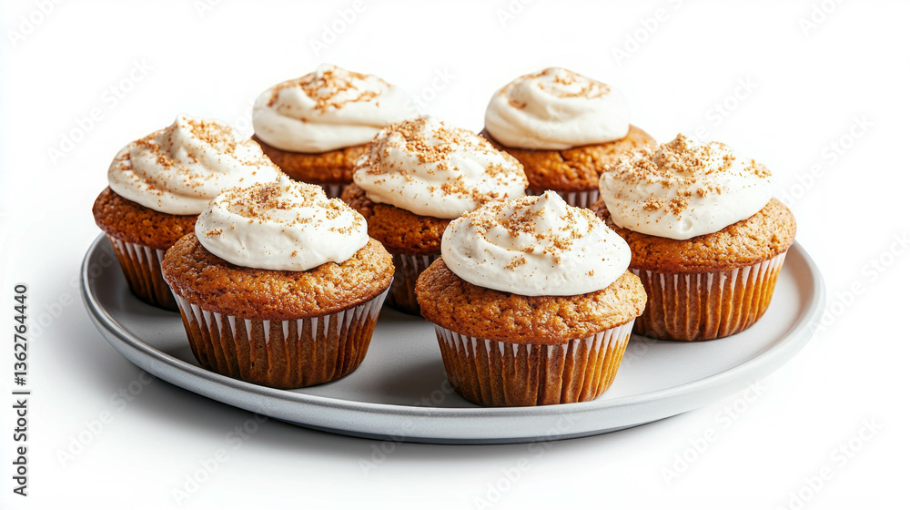 Delicious pumpkin muffins with cream cheese frosting on a plate - perfect for autumn treats and holiday celebrations Delicious pumpkin muffins with cream cheese frosting on a plate - perfect for autumn treats and holiday celebrations