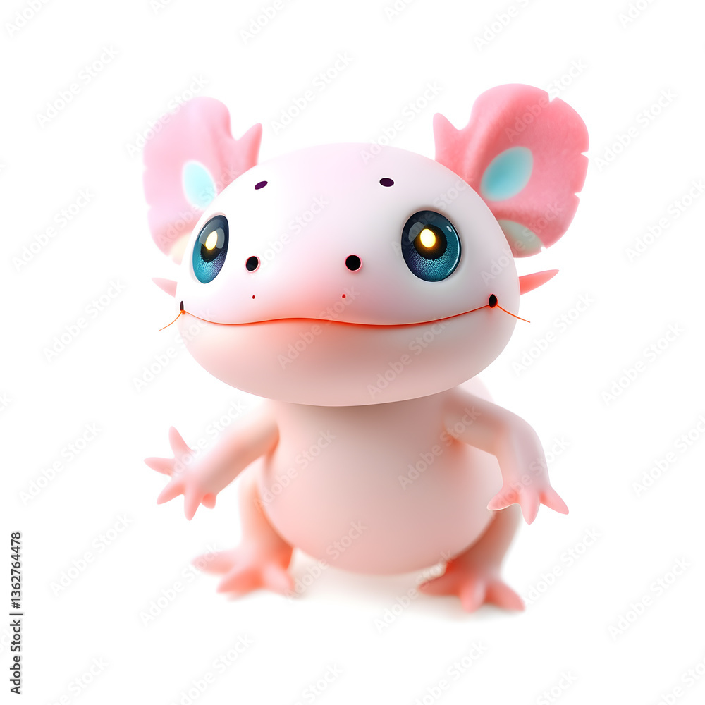 Naklejka premium Axolotl – 3D baby axolotl, tiny frilly gills, soft round body, big glowing eyes, pastel pink and turquoise tones, white background Generative AI