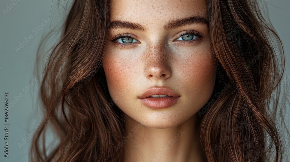 Portrait of a Young Woman with Freckles and Long Brown Hair Portrait of a Young Woman with Freckles and Long Brown Hair