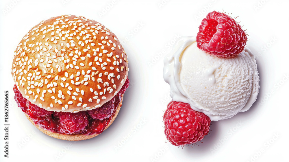 Creative culinary concept: raspberry burger with ice cream on white background