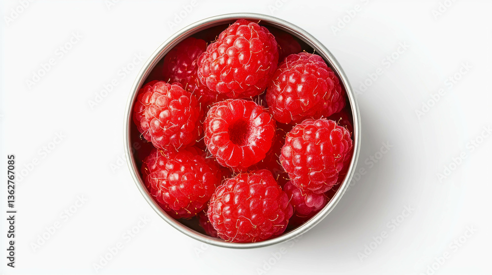 Fresh raspberries in a metal tin on white background for food design Fresh raspberries in a metal tin on white background for food design