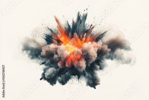 Explosion with fire and smoke billowing against a light background captured in a dynamic moment of energy and destruction