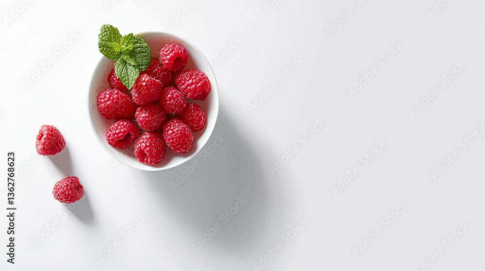 Fresh raspberries in white bowl on minimalist background for culinary designs Fresh raspberries in white bowl on minimalist background for culinary designs