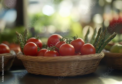 Freshly Harvested Tomatoes and Asparagus in a Rustic Basket Surrounded by Vibrant Produce in a Sunlit Market Setting